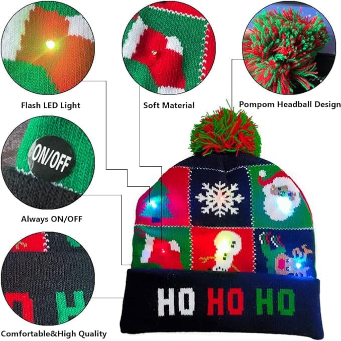 зимние шапки на рождество с помпоном и светящимися светодиодами