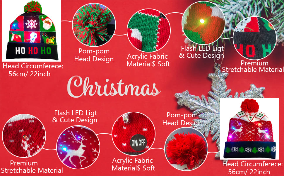 Зимняя шапка на Рождество с различными мотивами (рисунками) со светодиодной подсветкой
